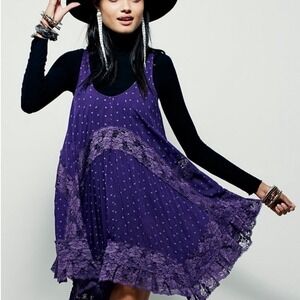 Free People She Swings Purple Lace‎ Trimmed Sun Dress Mini Boho Festival Sz S